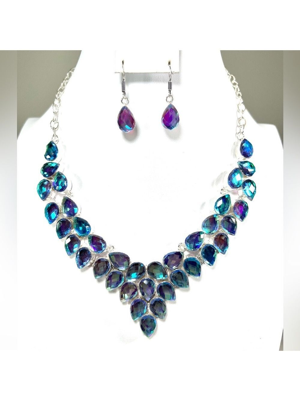 Rainbow Fire Topaz Blue Green Purple 925 Large Synthetic  Necklace & Earrings